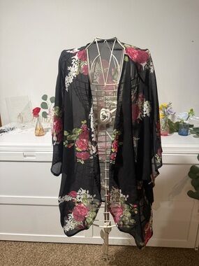 Black Floral Sheer Kimono Wrap for Women
